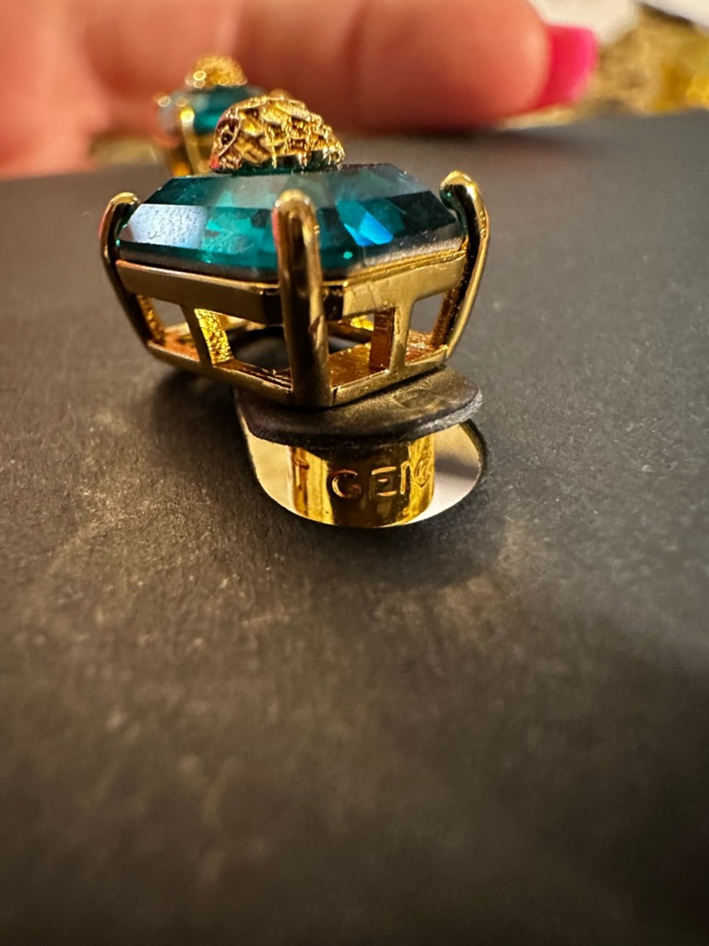 Kurt Geiger Emerald Teal Crystal Stud Earrings with Gold Detail - Picture 5 of 8
